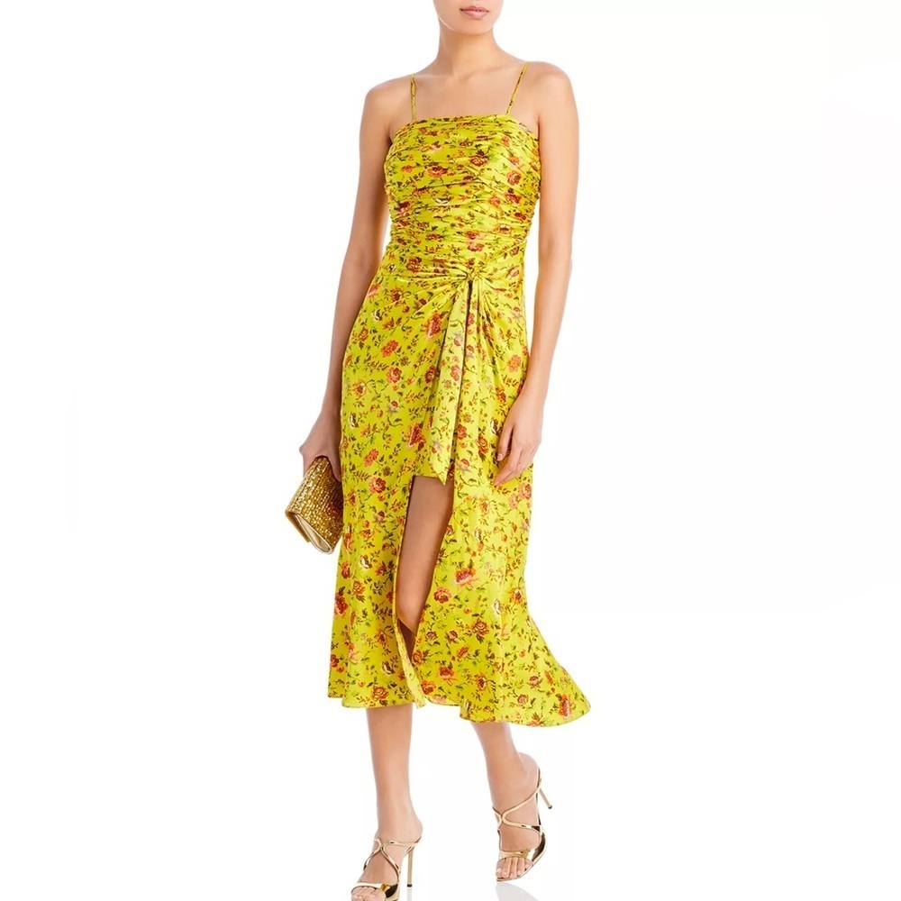 Cinq a Sept Katz Provence Dress 14 Yellow Floral Ruched Satin Midi Formal - Picture 4 of 16